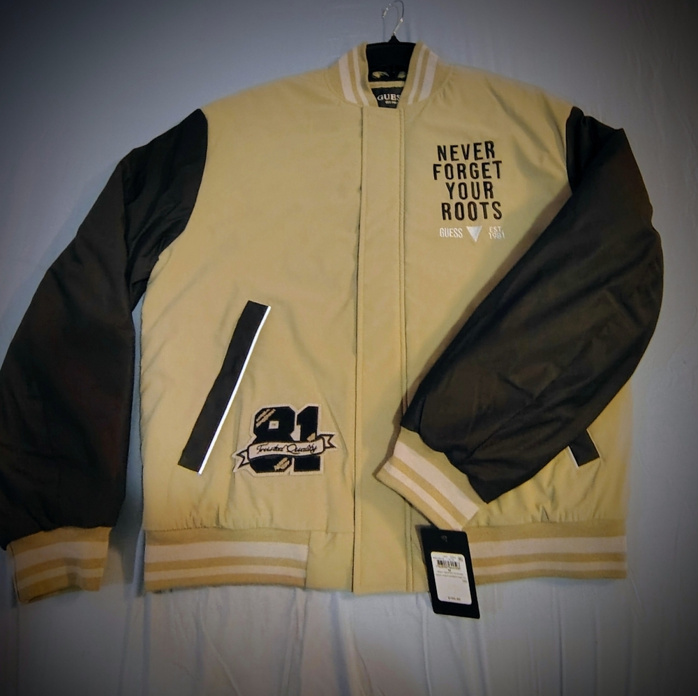 Guess Men's Beige and Black Bomber Jacket